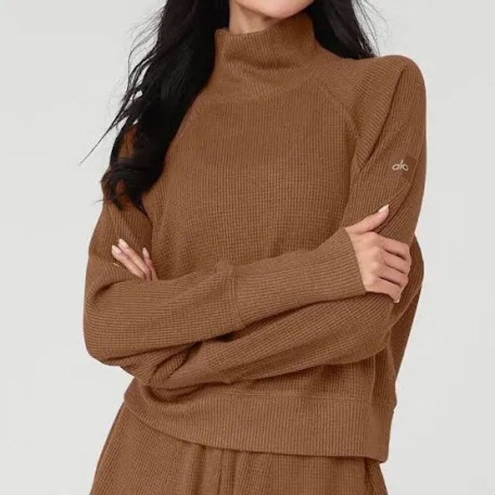 Alo Yoga Waffle Weekend Escape Mockneck Long Sleeve Sweatshirt in Cinnamon Brown - Picture 7 of 7